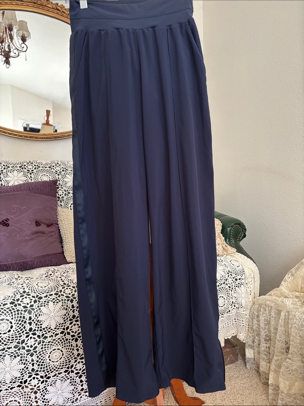 Athleta Navy Wide-Leg Nolita Pants with Satin Side Trim